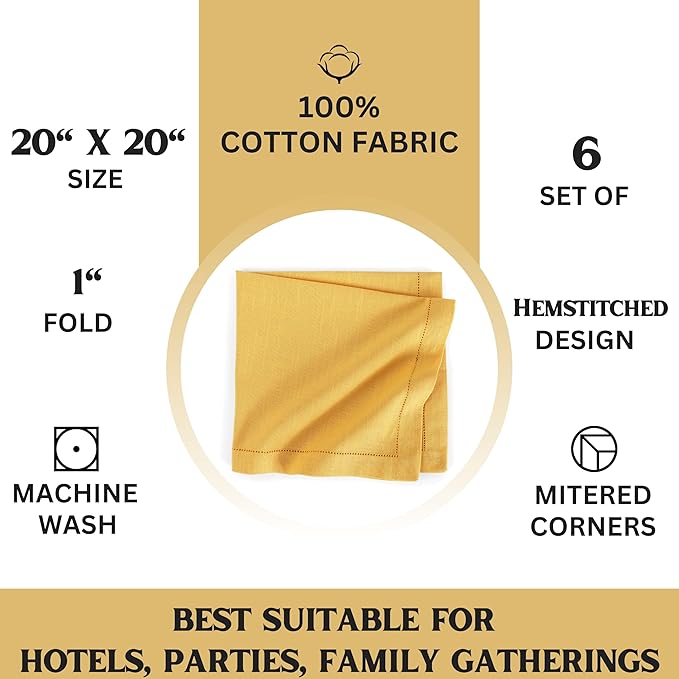 FINGERCRAFT Cloth Napkins, Hemstitched Napkins Cloth, 20 x 20 Inch Generous Picot Hem and Mitered Corner, Everyday Use Premium Quality Perfect for Parties Dinners Weddings Cocktail Set of 6 Daffodil