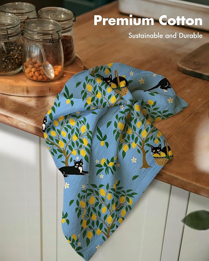 Miss Adola Flour Sack Kitchen Towels - Set of 2 Cotton Dish Towels with Hanging Loop Decorative 18x26 Inch Absorbent Cute Design for Housewarming Gifts, Lemon Cat