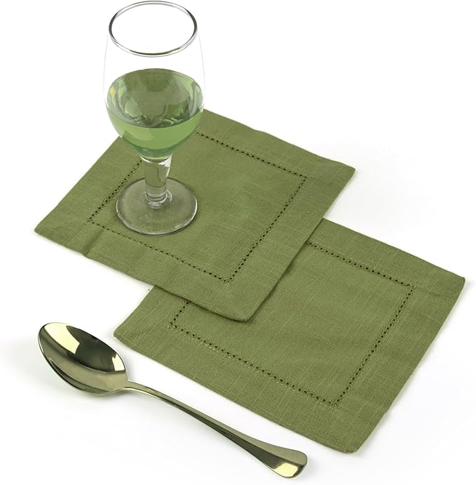 FINGERCRAFT Cocktail Napkins 6 x 6 Inch Premium Quality Cotton, Generous Hemstitch and Mitered Corner Set of 12 Coaster Cloth Olive Green