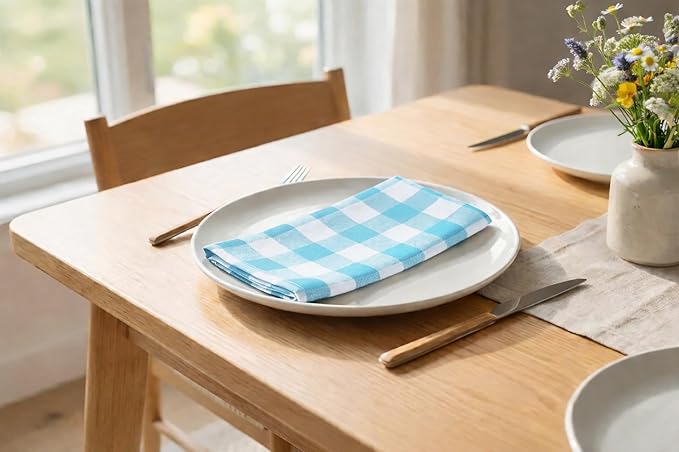 PurpleEssences Buffalo Plaid Cloth Napkins - Mitered Corners - Spring Easter Summer - Gingham Check Dinner Napkin - Set of 12-100% Cotton - 18x18 Inch - Reusable Washable - Aqua Blue and White