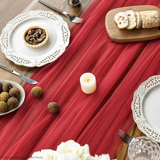 Artoid Mode 3PCS Red Gauze Table Runner 120 Inch 10FT, Seasonal Sheer Kitchen Dining Holiday Wedding Birthday Baby Shower Table Decor for Home Party