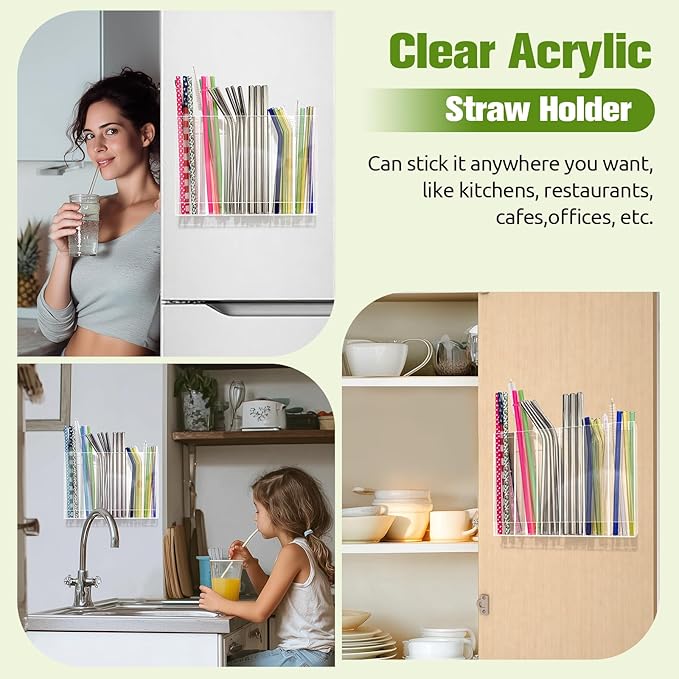 9.6” Large Acrylic Straw Holder for Cabinet Door - 6 compartments, easy to clean, Reusable Tumbler Straw Organizer Storage, Small Kitchen Accessories Container, Ultra Sticky Cupboard Door Mounted