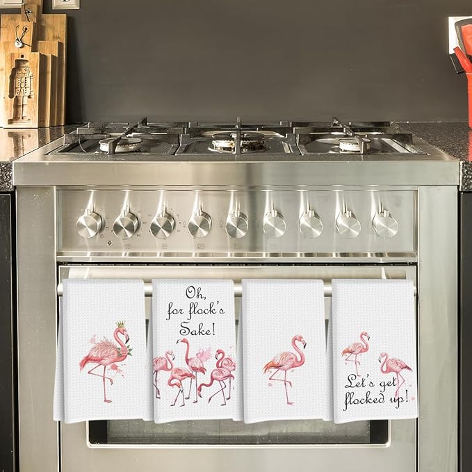 Jztco 4 Pcs Funny Flamingo Kitchen Towels 24x14 Inch, Hot Pink Bird Reusable Dish Towels for Kitchen Home Bathroom Decor, Waffle Weave Absorbent Hand Cloth Tea Towel, Flamingo Gifts for Women Mom