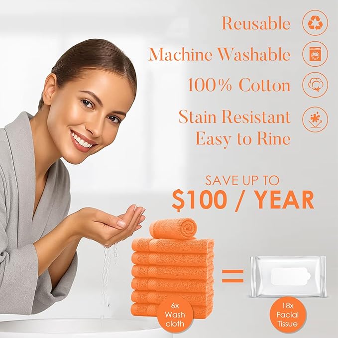 DAN RIVER 12-Pack Premium 100% Cotton Orange Face Towels for Bathroom - Reusable Face Wash Cloths for Showering 12x12 Inches - 550 GSM Super Soft & Absorbent Luxury WashCloths for Body, Spa & Gym