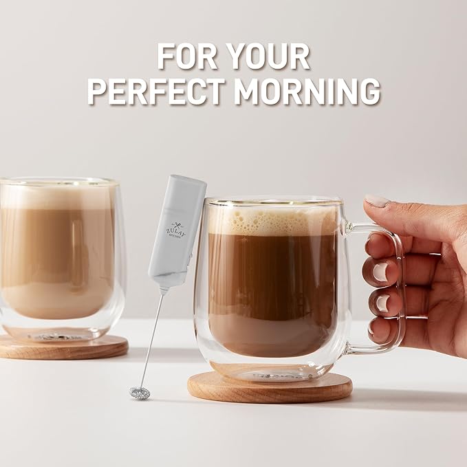 Mini & Mighty Milk Frother Wand – Powerful Handheld Coffee Frother, Battery Operated Drink Mixer – Compact Pocket Size – Detachable Whisk for Latte, Cappuccino, Matcha, Hot Chocolate – White Marble