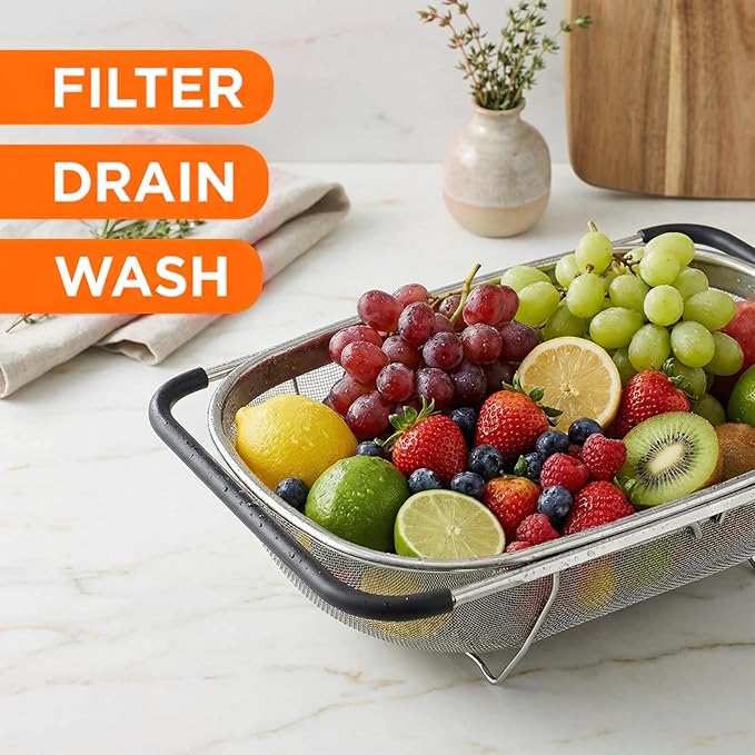 Over The Sink Colander, Fine Mesh Stainless Steel Strainers and Colanders, 6 Quarts Stainless Steel Oval Colander with Expandable Rubber Grip Handle, Steel Colander for Strain, Drain, Rinse