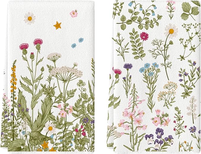 Artoid Mode Wildflower Floral Kitchen Towels Dish Towels, 18x26 Inch Leaves Holiday Decoration Hand Towels Set of 2