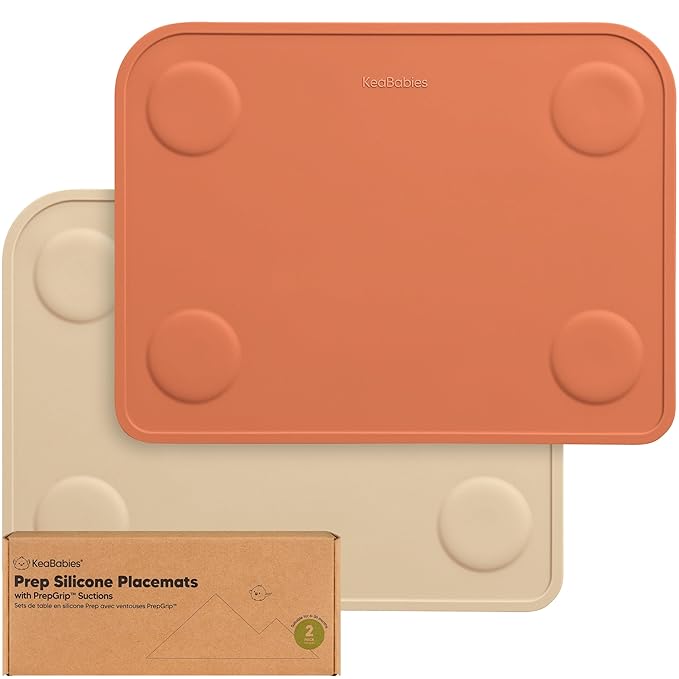 KeaBabies 2pk Silicone Placemats for Toddlers,Kids - 12x9 Non Slip Suction Baby Silicone Placemat for Restaurants,Dining Table,Travel,Easy to Clean,Food Grade/BPA-Free,Small Baby Table Mat(Terracotta)