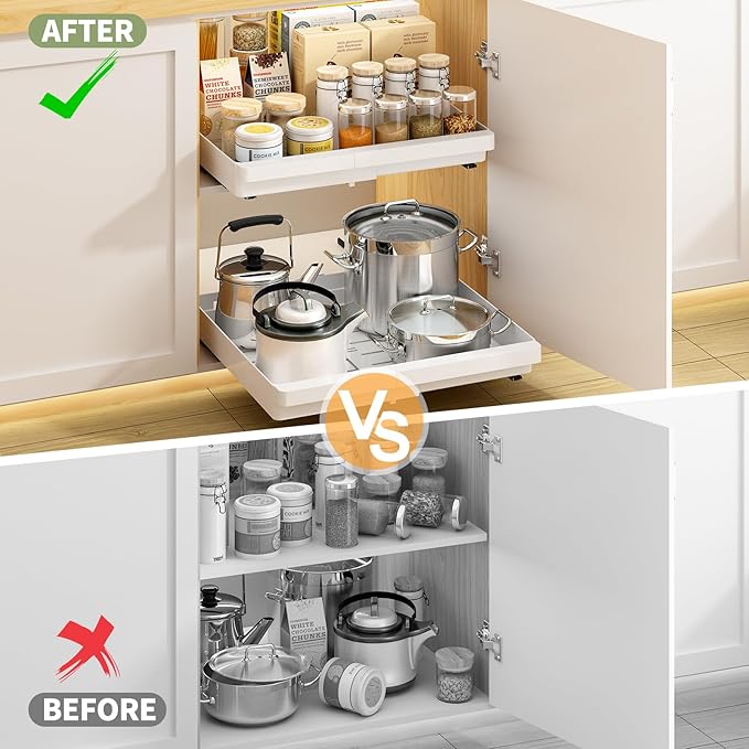 DOMNIU 2 Pack Pull Out Cabinet Organizers Expandable (13''-19''), Plastic Slide Out Drawers for Kitchen, Bathroom, Pantry, Under Sink Storage, Pull Out Drawers Fixed with Adhesive Nano Film (White)