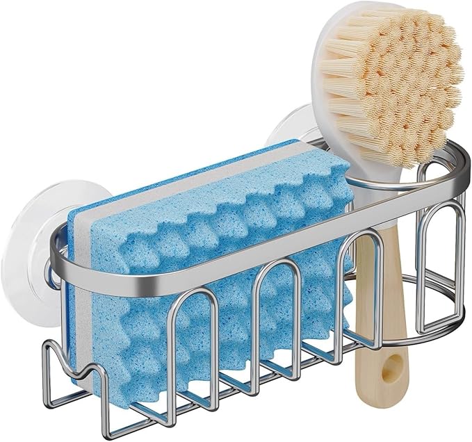 TESOT Sink Caddy Sponge Holder for Kitchen Sink 2 Suspension Options(Suction Cups and Adhesive Hook), SUS304 Stainless Steel, Silver