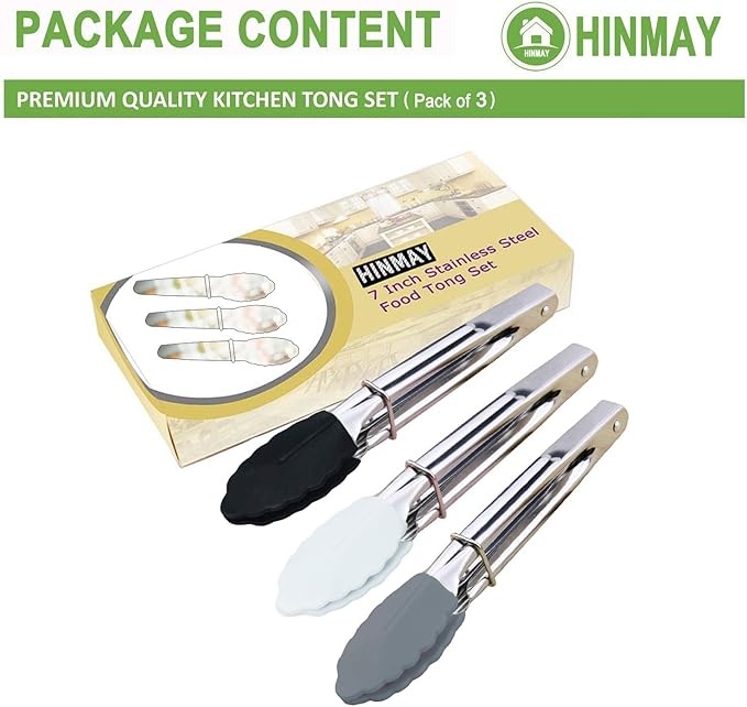 HINMAY Mini Tongs with Silicone Tips 7-Inch Small Serving Tongs, Set of 3 (Black White Gray)