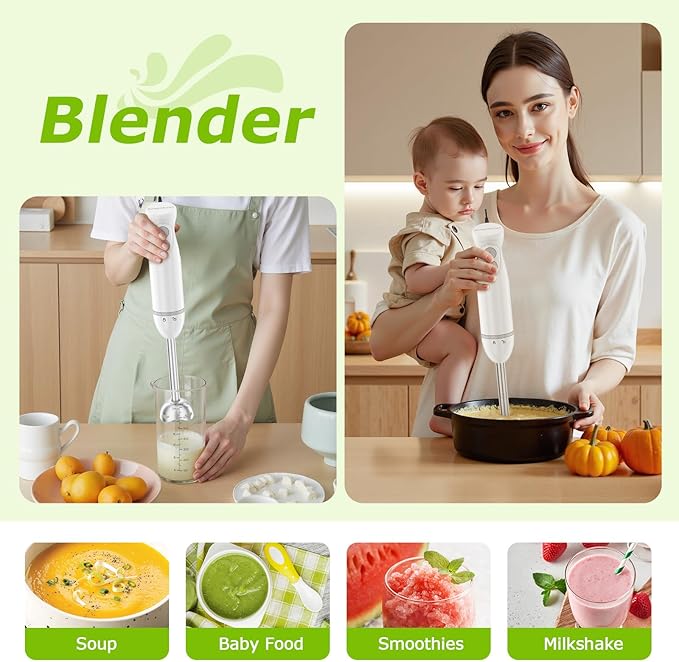 Bonsenkitchen Hand Blender, Immersion Blender with 2 Mixing Speed, 4-In-1 Handheld Stick Mixer with Egg Whisk, Beaker & Chopper Bowl for Baby Food, Soups, Smoothies, White