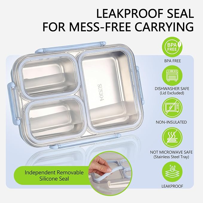 Stainless Steel Bento Box, 3 Compartments Leakproof Stainless Steel Snack Containers, 25 oz Premium 304 Metal Lunch Box for Adults, BPA-Free, Dishwasher Safe (Blue)
