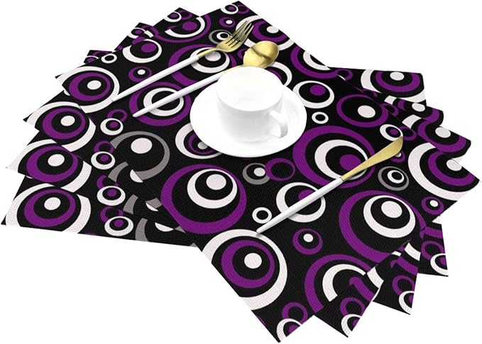 Purple Black Geometric Circles Linen Placemats 12 x 18 Inch Set of 4, Washable Heat Resistant Purple Table Mats for Dining Table Kitchen Party Wedding Outdoor, Modern Home Decor & Gift for Art Lovers