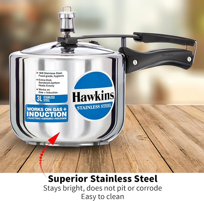 Hawkins Pressure Cooker, Stainless Steel Inner Lid Cooker, Tall Design Cooker, Induction Cooker, Silver Hss3T, 3 Liter 3 Litre