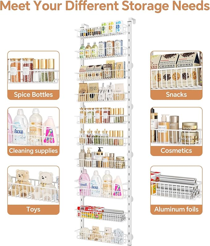 MIAOLI Over the Door Pantry Organizer, 10-Tier Adjustable Spice Rack Cabinet Door Shelves, Hanging Seasoning Organizer for Kitchen Bathroom, Laundry Room Organization, White