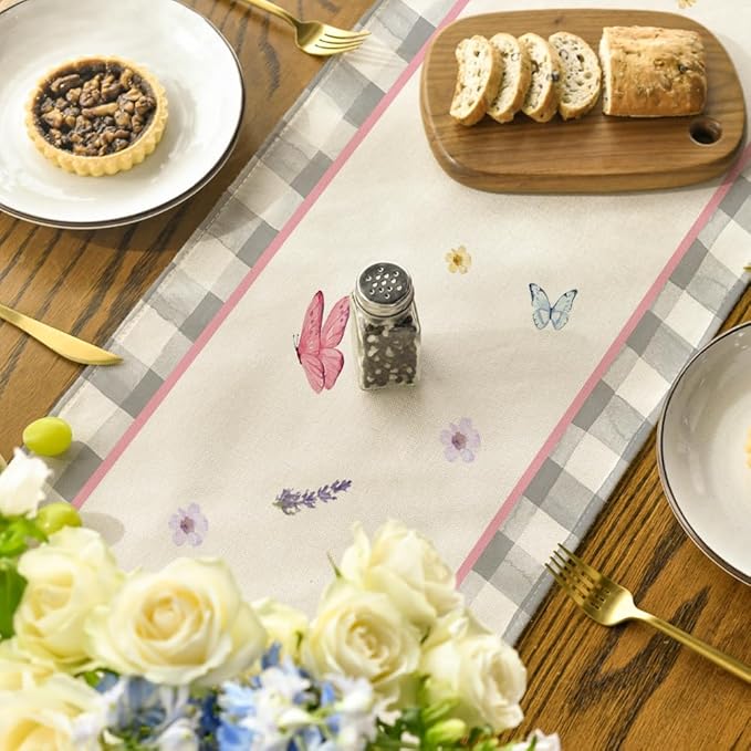 Artoid Mode Buffalo Plaid Vase Lavender Tulip Spring Table Runner, Seasonal Kitchen Dining Table Decoration for Home Party Decor 13x36 Inch