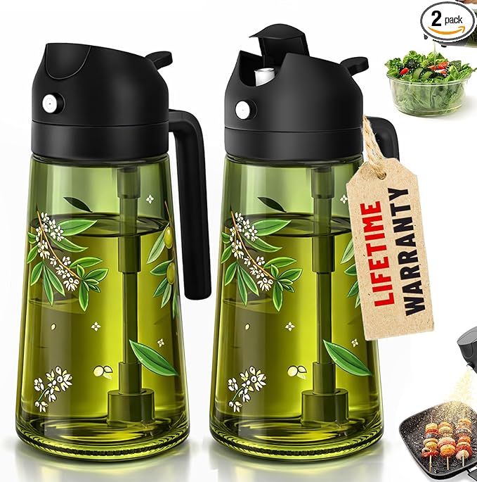 COOLMI Oil Sprayer for Cooking, 2 in 1 Olive Oil Dispenser Bottle Set for Kitchen, Food-Grade Glass Green Oil Vinegar Bottle Container - 16OZ/470ML Set of 2 (Black)