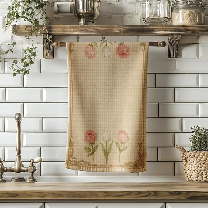 Easter Gift Kitchen Microfiber Waffle Tea Towels Set of 2 Absorbent & Fast Drying Dish Cloths for Cleaning,Vintage Floral Herbs Boho,Decorative Hand Towels for Bathroom, 20x28" (VintageTulip Roses)