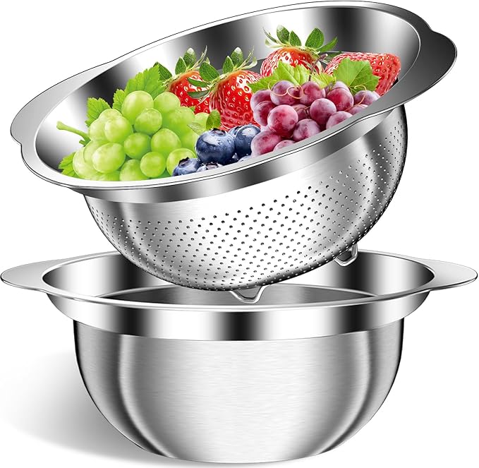 Colander, Strainer Bowl, Stainless Steel Colander, Rice Washing Bowl, Pasta Strainer & Vegetable Washer, Kitchen Strainer with Mixing Bowl for Draining, Food Prep, Dishwasher Safe, 4QT