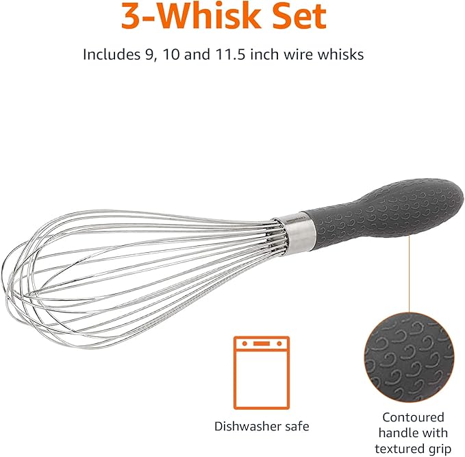 Amazon Basics Stainless Steel Wire Whisk Set for Cooking, Different Sizes, Easy to Hold Ergonomic Handle, 3 Piece, Black/Silver