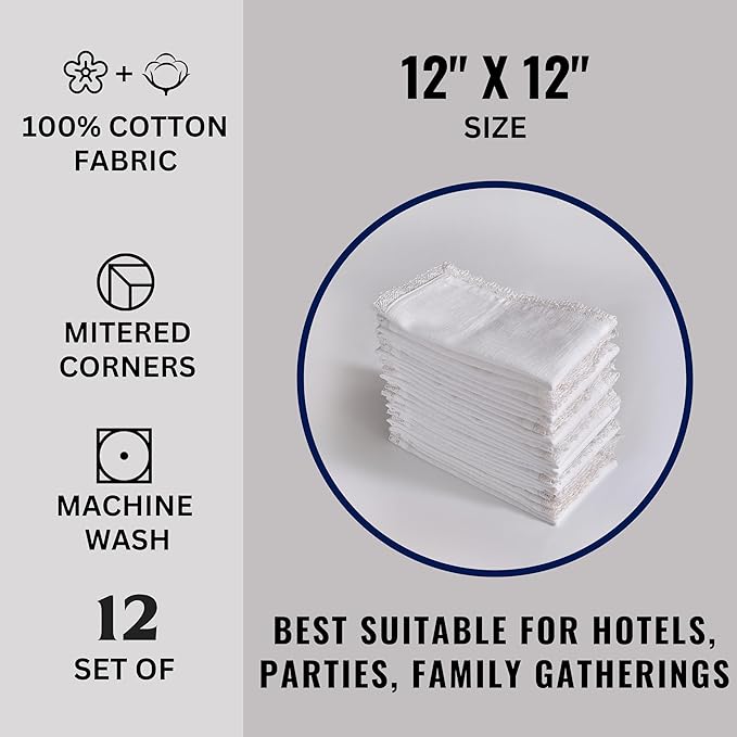 FINGERCRAFT Dinner Cloth Napkins in 100% Cotton, 12 Pieces Small Table Napkin Cloth,12 inches, Mitered Corners for Every Day Use Christmas Napkins Cloth Good Absorbency Lace White Easter Color