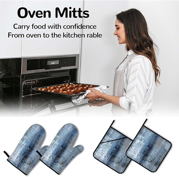 Blue Grey Oven Mitts and Pot Holders Sets of 4 Modern Abstract Art Oven Mitt Oven Gloves Pot Holders and Oven Mitts for Kitchen Baking Cooking Grilling