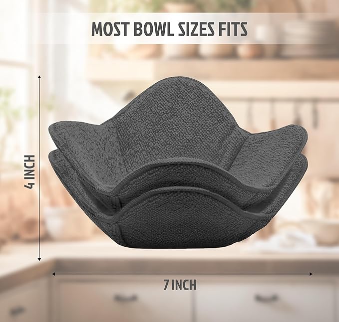 Set 2X Gray 7" sq. x 4" H Bowl Holders - Polyester Hot Soup Holder for Kitchen Gadget - Hot Pot and Japanese Soup Bowls - Microwave Bowl Cozy Safe - Multipurpose Hot Heat Proof Plate Holder