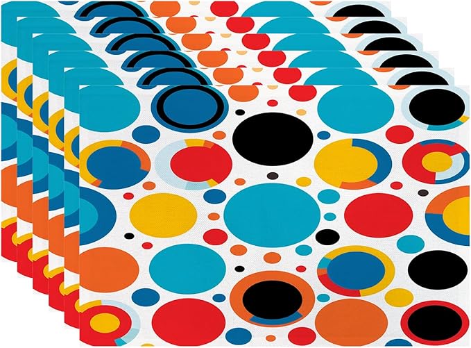 Batmerry Colorful Circles Placemats, Vibrant Circular Pattern Washable Linen Table Mats for Kitchen Table Double Insulation Decor Dining Set Indoor Outdoor 12X18 in Set of 6
