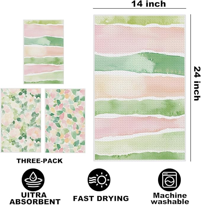 3 Pcs Pastel Pink Green Stripe Kitchen Towels, Watercolor Flower Leaves Decorative Absorbent Microfiber Dish Cloth Tea Towel, Waffle Hand Towels for Farmhouse Home Bathroom, Housewarming Gifts