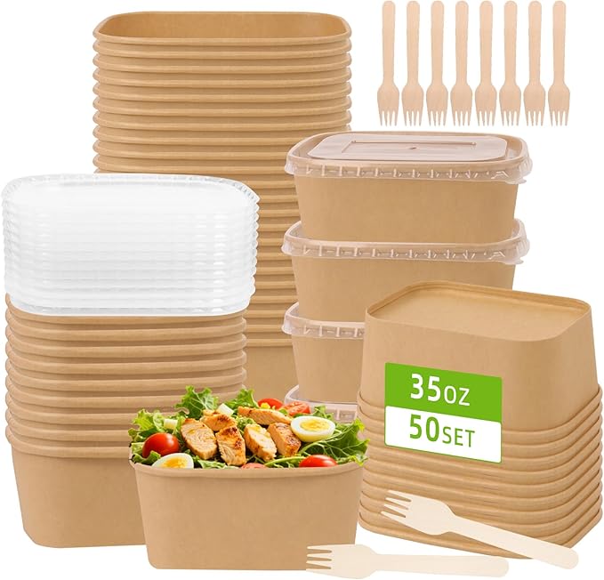 50 Pack 35 oz Paper Food Containers with Lids, Meal Prep Containers Disposable Large Paper Bowls, Microwavable and Freezer Storage Use Cardboard Food Containers