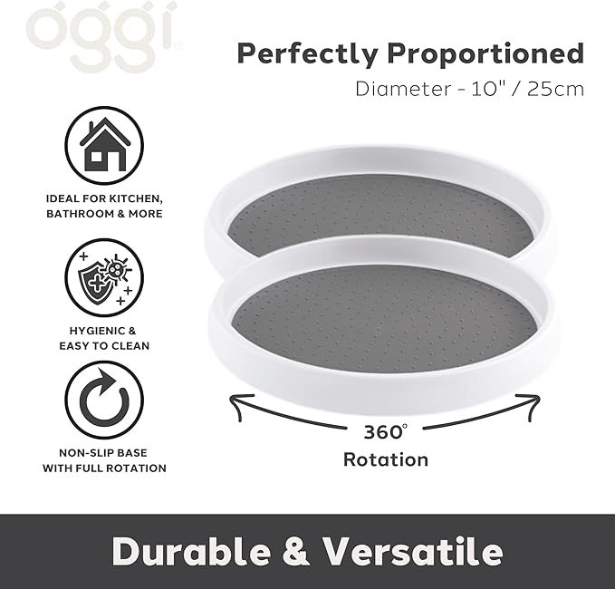 OGGI Set of 2 Lazy Susan Organizers 10"- for Kitchen, Pantry, Cabinet Organizing & Storage. Ideal as Rotating Spice Racks & Pantry Organizers - White/Taupe