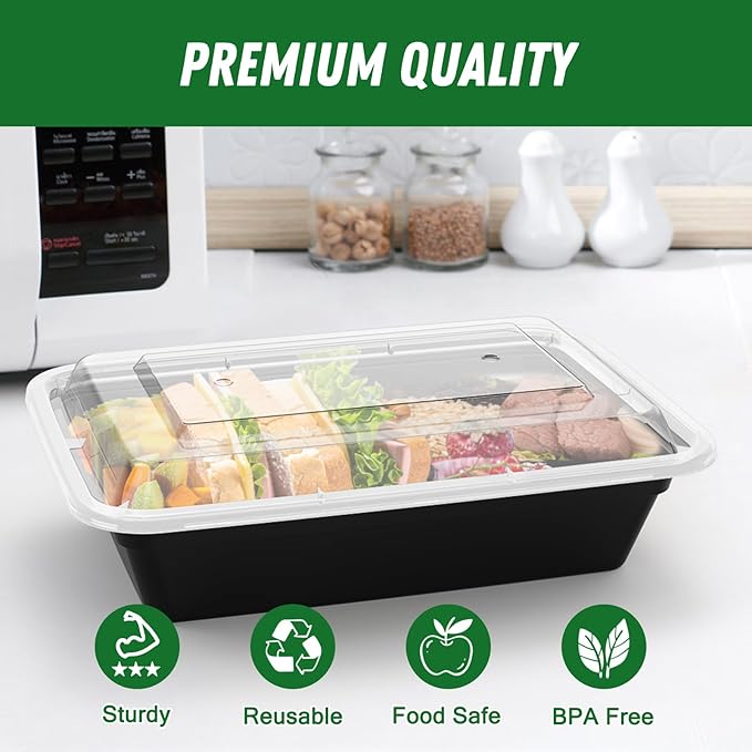 Dealusy 50 Pack (100-Piece) 32 oz Meal Prep Containers Reusable with Lids, Sturdy Leakproof & Food Safe, Microwave, Freezer, Dishwasher Safe Prep Containers, To Go Take Out Plastic Food Storage