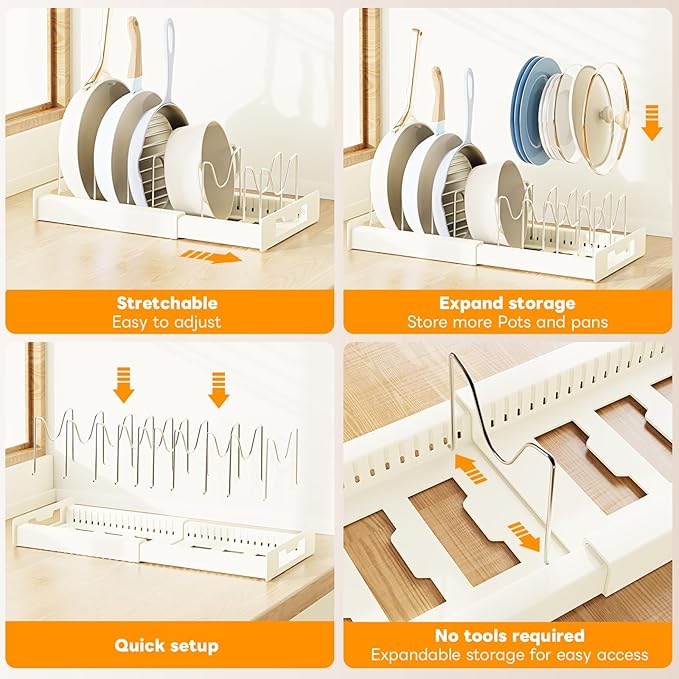Dayacoco Pots and Pans Organizer Under Cabinet with 10 Adjustable Compartments - Pot Lid Holder, Expandable Pan Organizer for Cabinet, Pot Rack for Kitchen Cabinet, Frying Rack, Lid, Cookware,1 Pcs