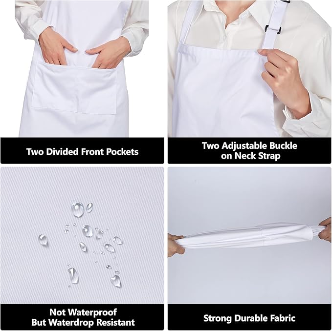 Jubatus 12 Pack 100% Cotton Aprons Bulk with 2 Pockets Cooking Chef Kitchen Adjustable Bib Apron for Women Men, White