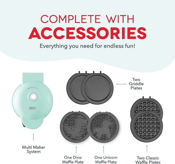 Dash MultiMaker® Mini System - Compact Waffle Maker for Family Breakfasts - Removable Griddle Plates & nonstick surface - 6 Plates - Aqua