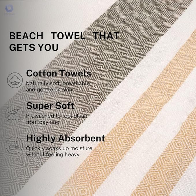 Cotton Turkish Beach Towel with Towels Oversized 36"x72" Pool Absorbent Extra Large Quick Dry Sand Travel Towel (Sage & Sand, 2 Pack)