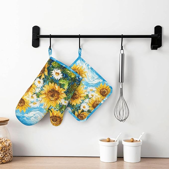 Oven Mitts and Pot Holders Sunflower Daisy Flower Art Silicone Kitchen Accessories Set of 2 Heat Resistant Long Gloves Potholder Non-Slip Grip for Chef Cooking,Baking,Grilling,BBQ
