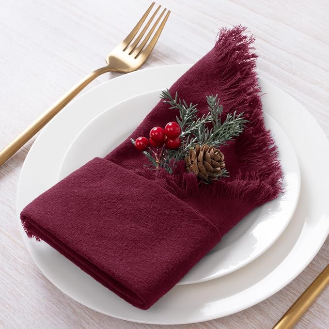 DeZerlor 6 Pack Burgundy Red Cotton Linen Napkins with Fringe Spring Cloth Napkins Set of 6 Boho Handmade Dinner Napkins Bulk for Wedding Bridal Baby Shower Parties, 17 x 17 Inches