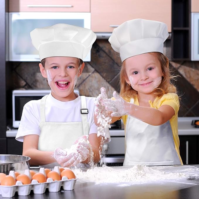CHENGU 8 Pcs Kids Apron and Chef Hat Set Child Aprons 2 Pocket for Boy Girl Toddler Cooking Painting, Ages 2-13(White,Small)