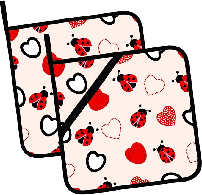 Ladybug and Heart Pot Holders 2 PCS,Kitchen Heat Resistant Hot Pads for Cooking Grilling Baking BBQ, Pot Holders for Women Cook Home Microwave