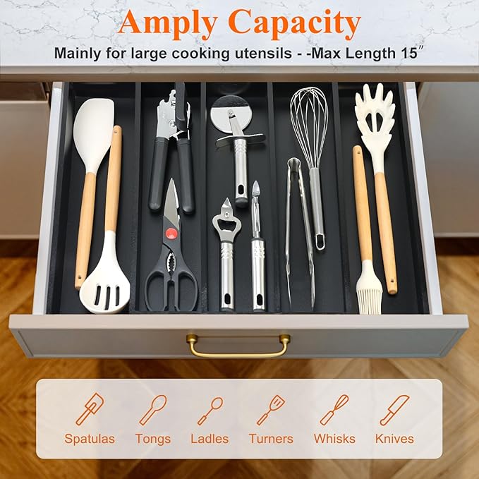 Expandable Large Kitchen Utensil Drawer Organizer Storage Black Bamboo Silverware Organizers Tray Divider Adjustable Spoon Flatware Organizer Wood Cutlery Tray Cooking Utensils Tool Holder Drawer