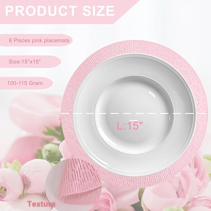 Snowkingdom Pink Easter Placemats Set of 8, Vinyl Hollow 15 Inch Light Pink Spring Round Place mats, Easy Clean Washable Wipeable Dining Table Mats for Mothers Day Wedding Christmas Party Decoration
