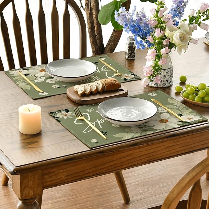 Artoid Mode Olive Green Hello Spring Daisy Flowers Spring Placemats Set of 4, 12x18 Inch Seasonal Holiday Table Mats for Party Kitchen Dining Decoration