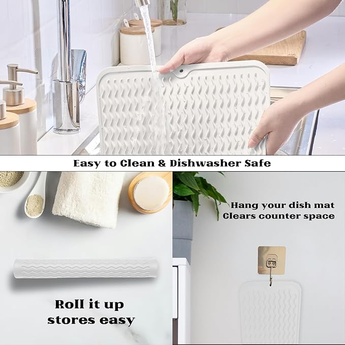 ZLR Silicone Dish Drying Mat 12" x 12" Square - Small Heat Resistant Trivet & Countertop Protector for Air Fryer, Coffee Maker - Waterproof Kitchen Drain Pad for Cups, Fruit (Milk White)