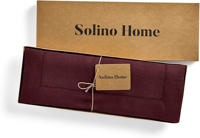 Solino Home Linen Cloth Placemats Set of 4 - 100% Pure Linen Hemstitch Burgundy Placemats 14 x 19 Inch - Classic Hemstitch Table Place Mats for Mothers Day