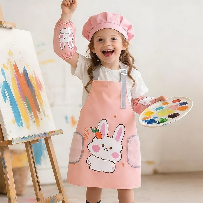 2-Piece Kids' Apron and Chef Hat Set, Adjustable with Pockets, for Children's Cooking, Baking, and Painting, Pink Floral Design for Boys and Girls Ages 3-6