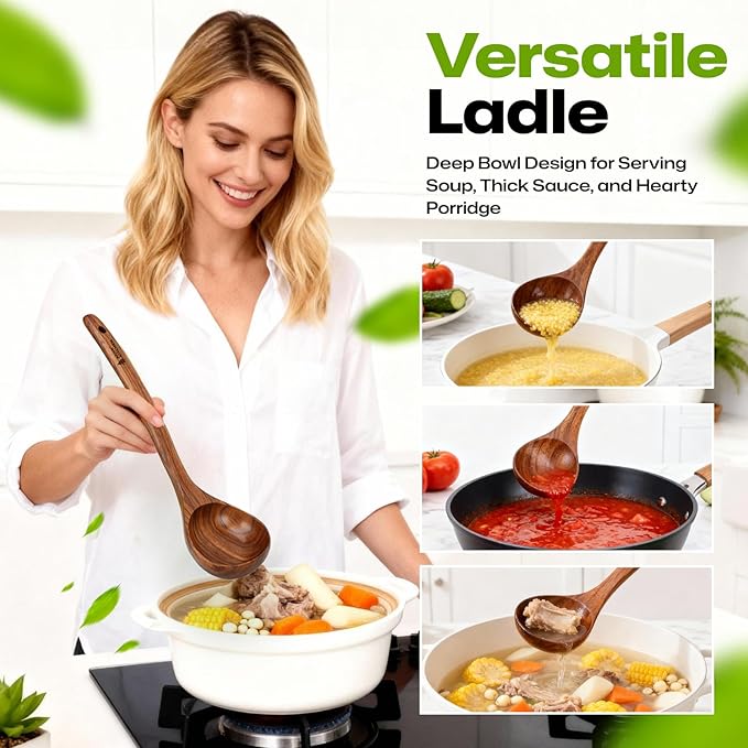 AIUHI 12.6″ Larger Wooden Ladle for Cooking, Long Handle Soup Spoon, Durable & Non-stick Teak Wood Ladle Spoon