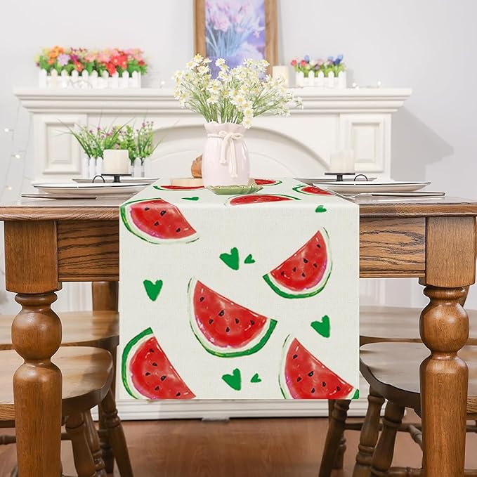 Summer Table Runner Watermelon Green Heart Burlap Table Decoration Holiday Home Party Kitchen Dining Table Supplies 13x108 Inch