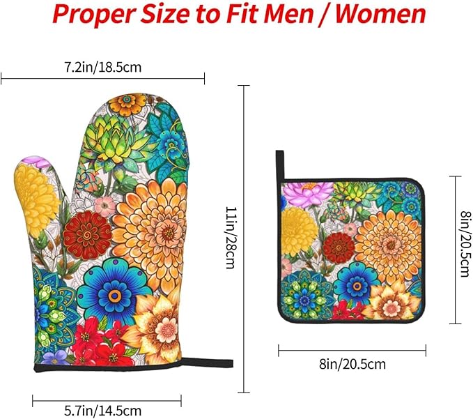 Boho Floral Pot Holders and Oven Mitts Set of 3, Colorful Flowers Baking Gloves Hot Pads, Heat Resistant Kitchen Mitts for Oven, Baking Gifts & Housewarming Gifts for Women Chef Baker Hostress Mom